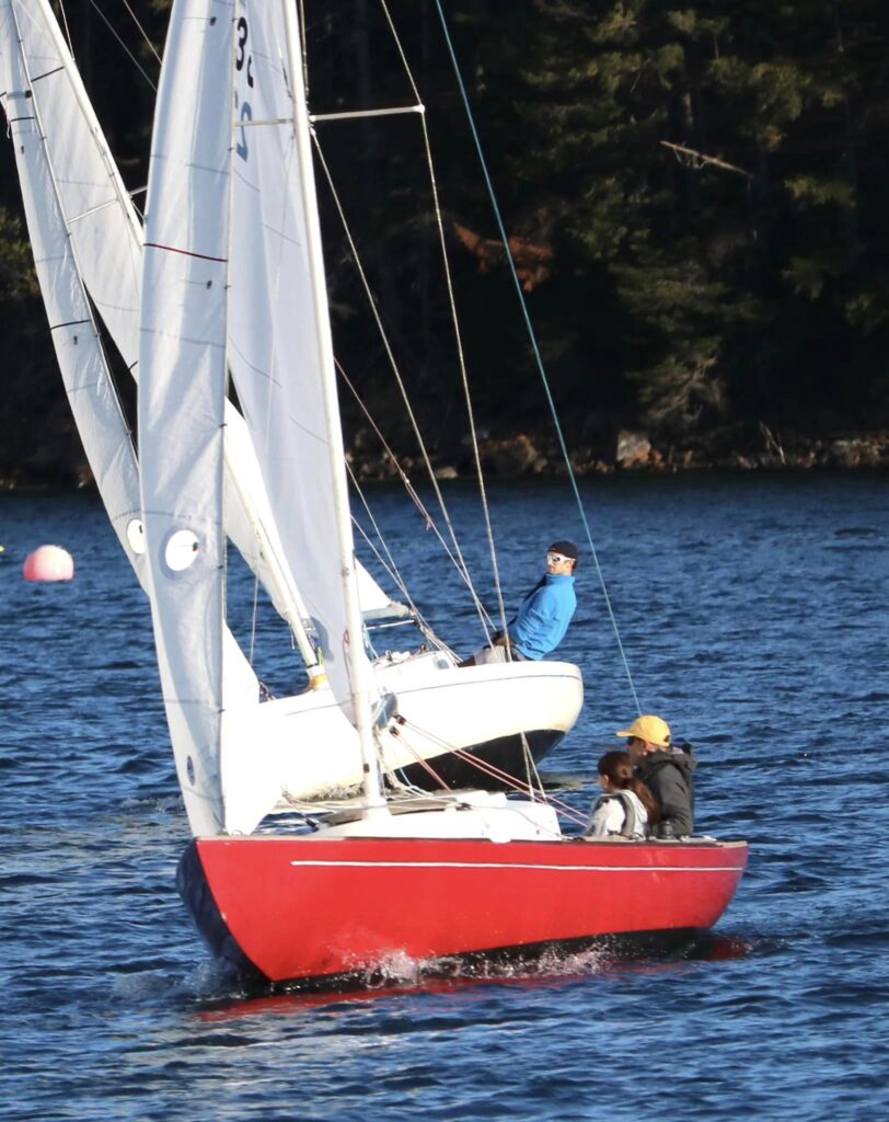 Bluenose racing on May 18, 2023 on Halifax's Northwest Arm. Rudolphe, the red boat, followed closely by the white boat!